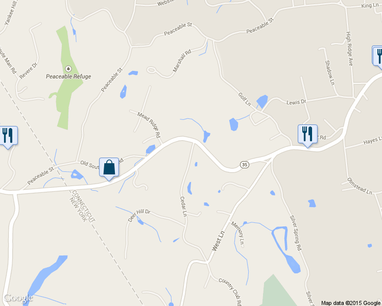 map of restaurants, bars, coffee shops, grocery stores, and more near 111 Cedar Lane in Ridgefield