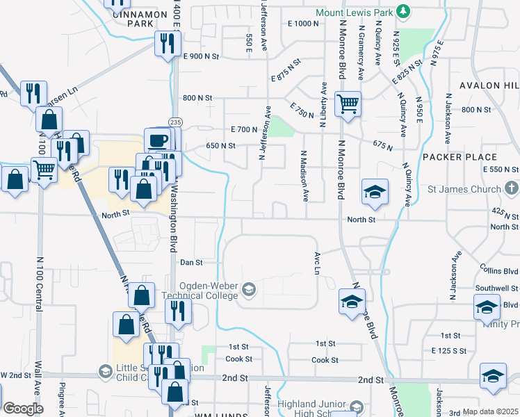 map of restaurants, bars, coffee shops, grocery stores, and more near 550 North Street in Ogden