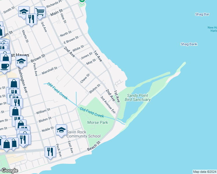 map of restaurants, bars, coffee shops, grocery stores, and more near 105 2nd Avenue in West Haven