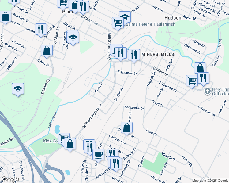 map of restaurants, bars, coffee shops, grocery stores, and more near 1307 North Washington Street in Wilkes-Barre
