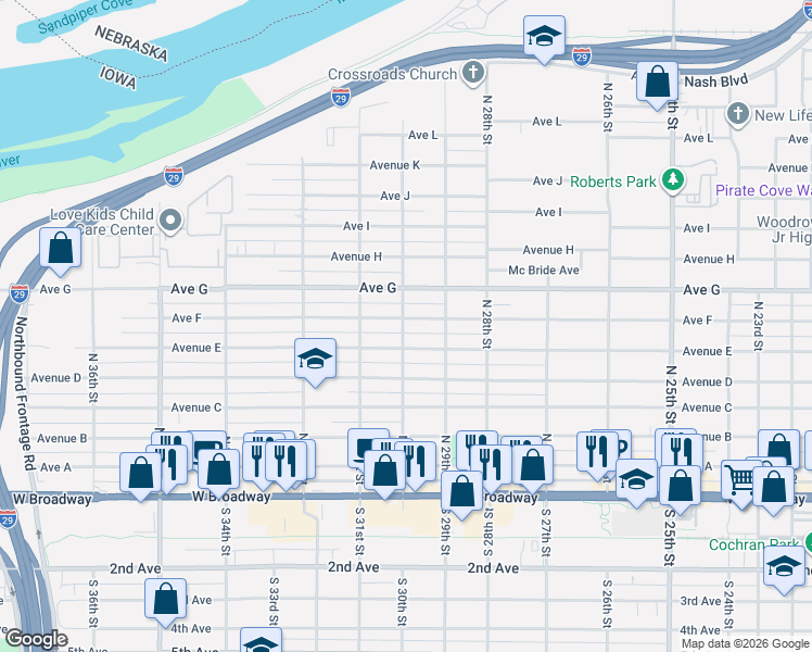 map of restaurants, bars, coffee shops, grocery stores, and more near 2946 Avenue E in Council Bluffs