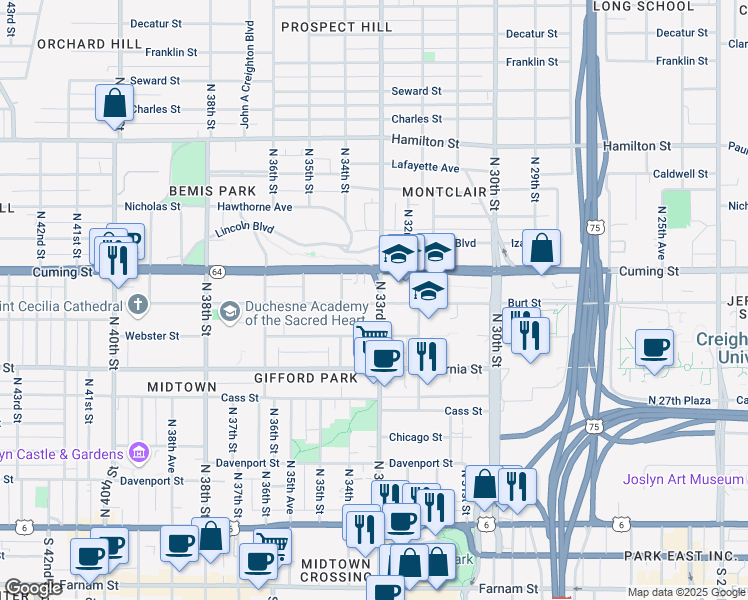 map of restaurants, bars, coffee shops, grocery stores, and more near 3317 Burt Street in Omaha