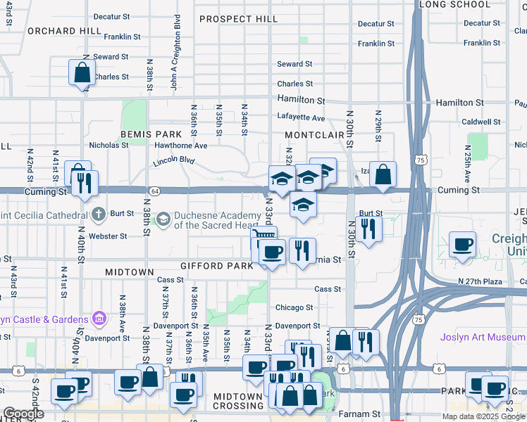 map of restaurants, bars, coffee shops, grocery stores, and more near 3317 Burt Street in Omaha