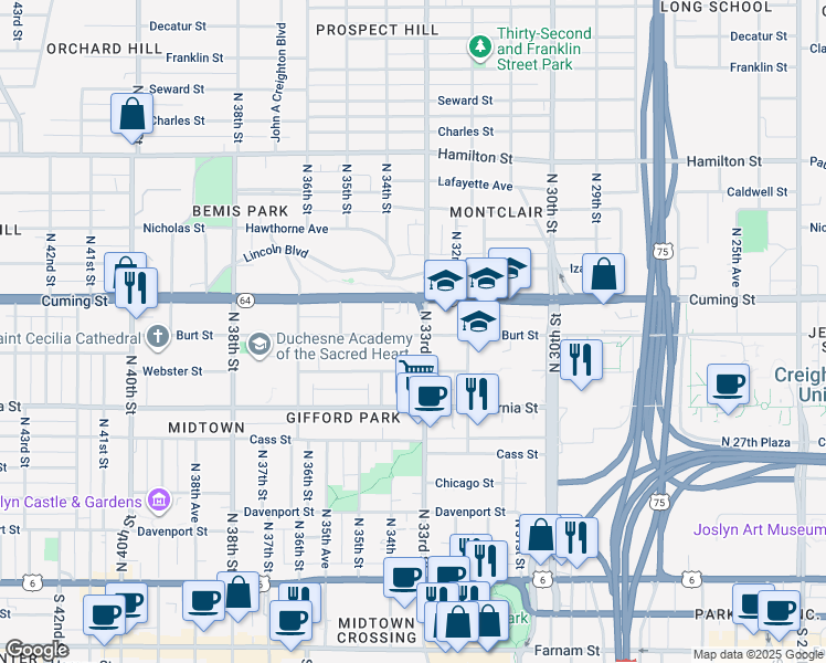 map of restaurants, bars, coffee shops, grocery stores, and more near 3317 Burt Street in Omaha