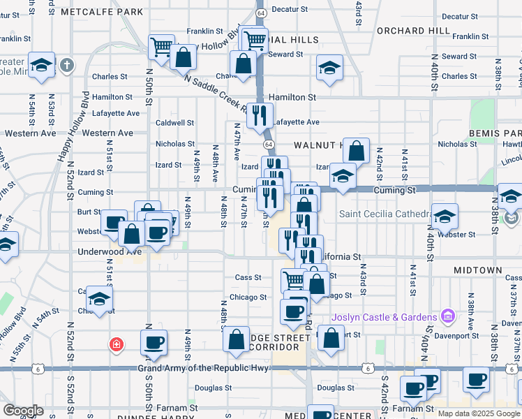 map of restaurants, bars, coffee shops, grocery stores, and more near 802 North 46th Street in Omaha