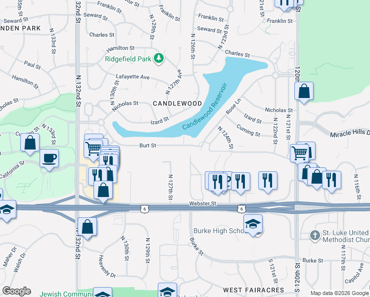 map of restaurants, bars, coffee shops, grocery stores, and more near 12537 Burt Street in Omaha