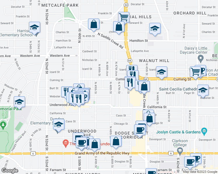 map of restaurants, bars, coffee shops, grocery stores, and more near 804 North 48th Street in Omaha