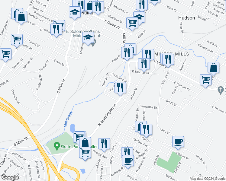 map of restaurants, bars, coffee shops, grocery stores, and more near 31 West Beatty Street in Wilkes-Barre