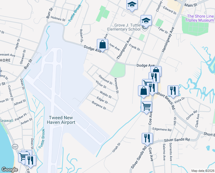 map of restaurants, bars, coffee shops, grocery stores, and more near 12 Victor Street in East Haven
