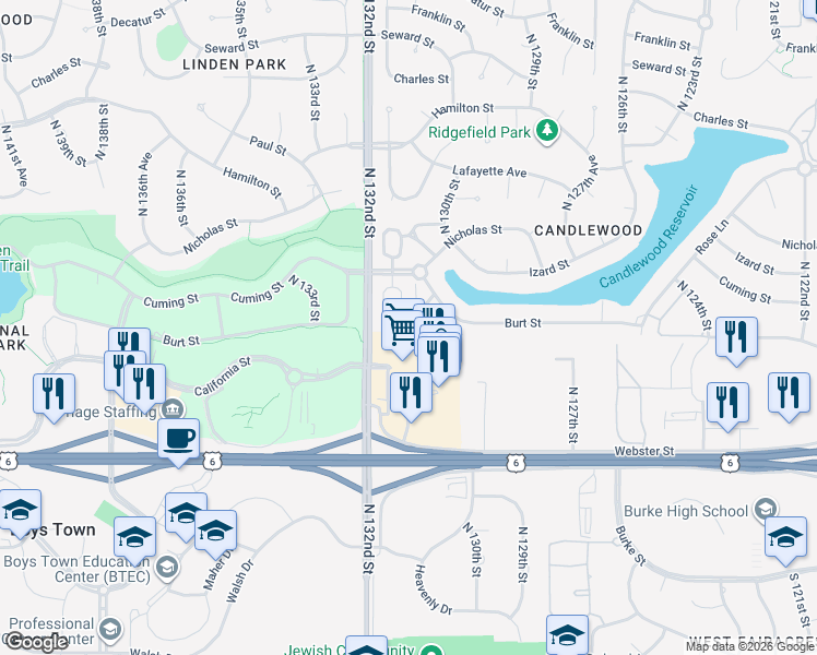 map of restaurants, bars, coffee shops, grocery stores, and more near 701 North 132nd Street in Omaha