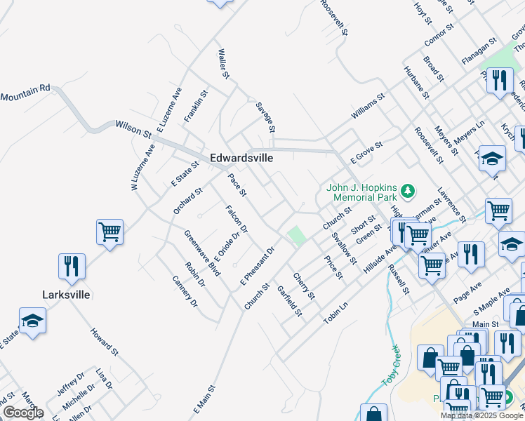 map of restaurants, bars, coffee shops, grocery stores, and more near 71 Pace Street in Larksville