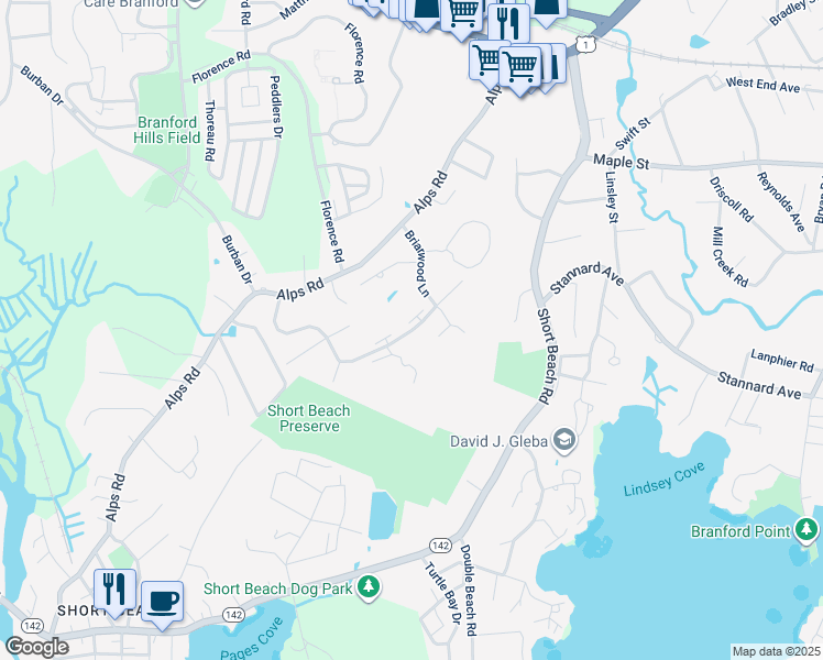 map of restaurants, bars, coffee shops, grocery stores, and more near 40 Briarwood Lane in Branford