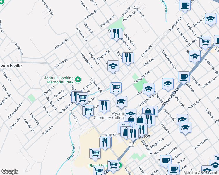 map of restaurants, bars, coffee shops, grocery stores, and more near 351 Main Street in Kingston