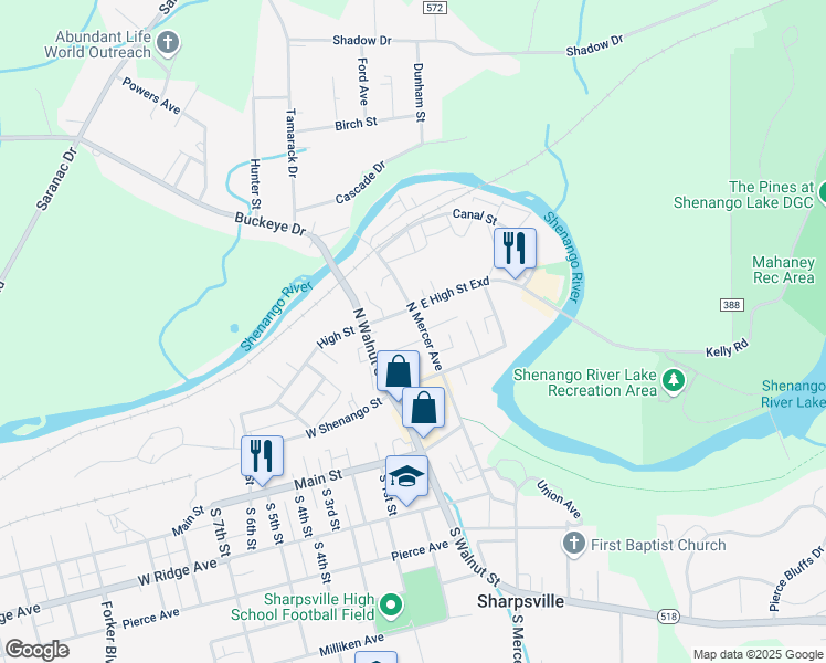 map of restaurants, bars, coffee shops, grocery stores, and more near 59 Cedar Street in Sharpsville