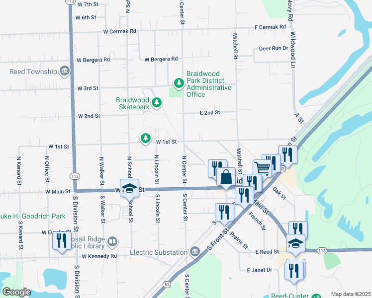 map of restaurants, bars, coffee shops, grocery stores, and more near 145 East Elm Street in Braidwood