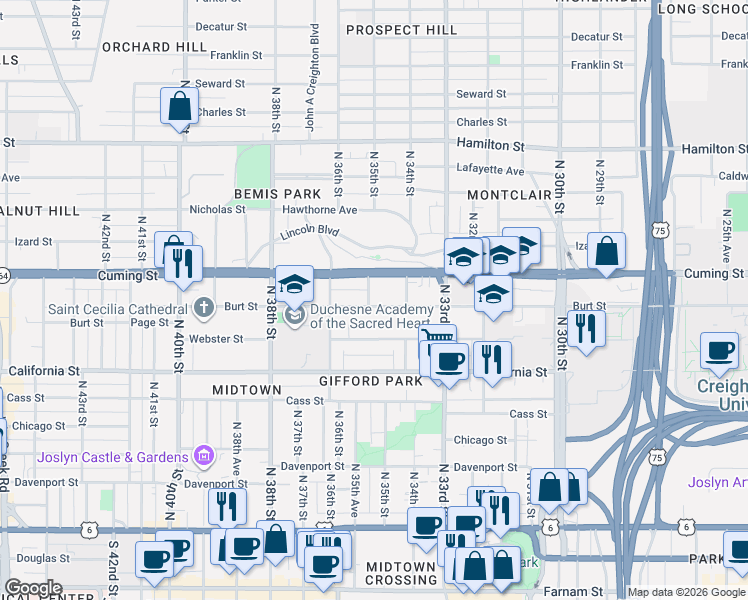 map of restaurants, bars, coffee shops, grocery stores, and more near 3415 Burt Street in Omaha