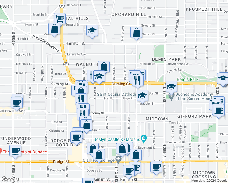 map of restaurants, bars, coffee shops, grocery stores, and more near 801 North 42nd Street in Omaha