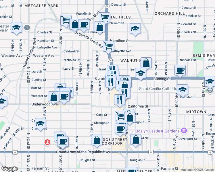 map of restaurants, bars, coffee shops, grocery stores, and more near 802 North 46th Street in Omaha