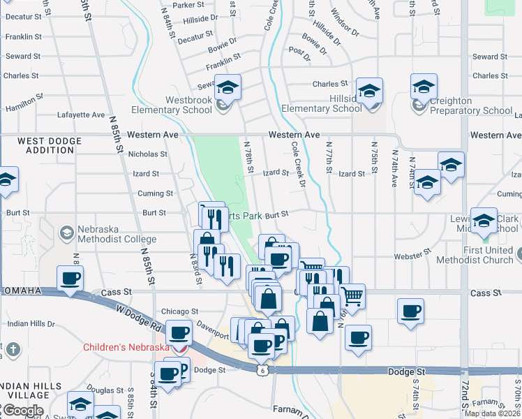 map of restaurants, bars, coffee shops, grocery stores, and more near 749 North 78th Street in Omaha