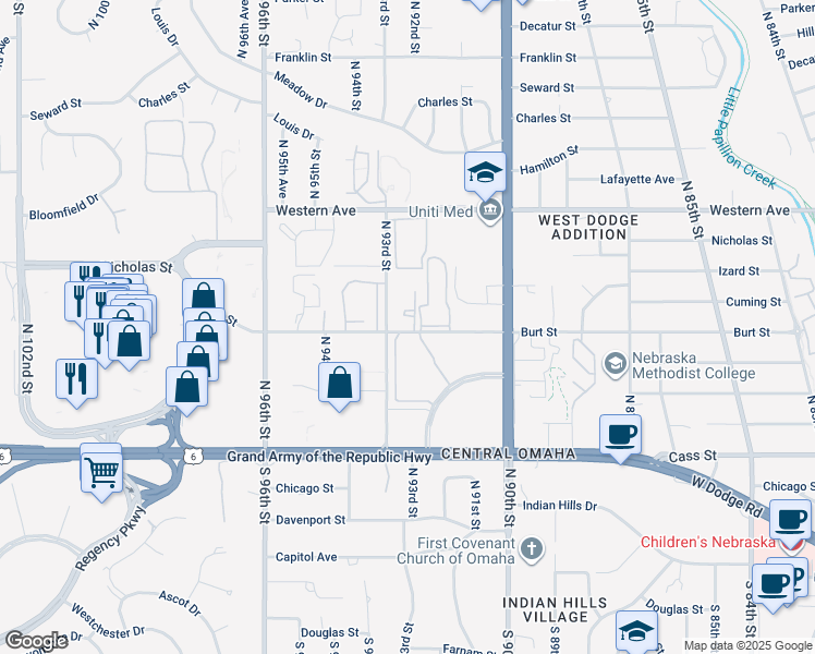 map of restaurants, bars, coffee shops, grocery stores, and more near 712 North 92nd Court in Omaha