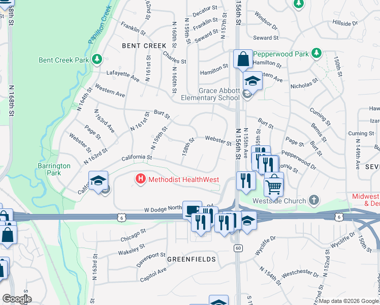 map of restaurants, bars, coffee shops, grocery stores, and more near 608 North 157th Circle in Omaha