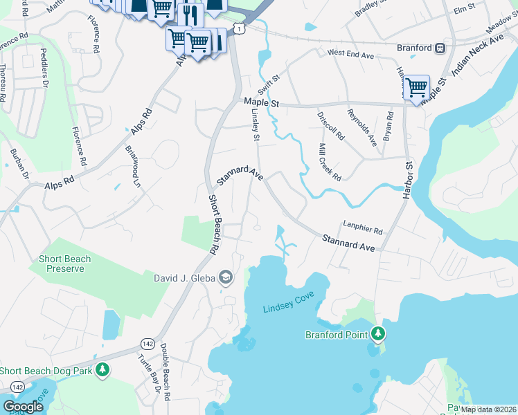 map of restaurants, bars, coffee shops, grocery stores, and more near 60 Stannard Avenue in Branford
