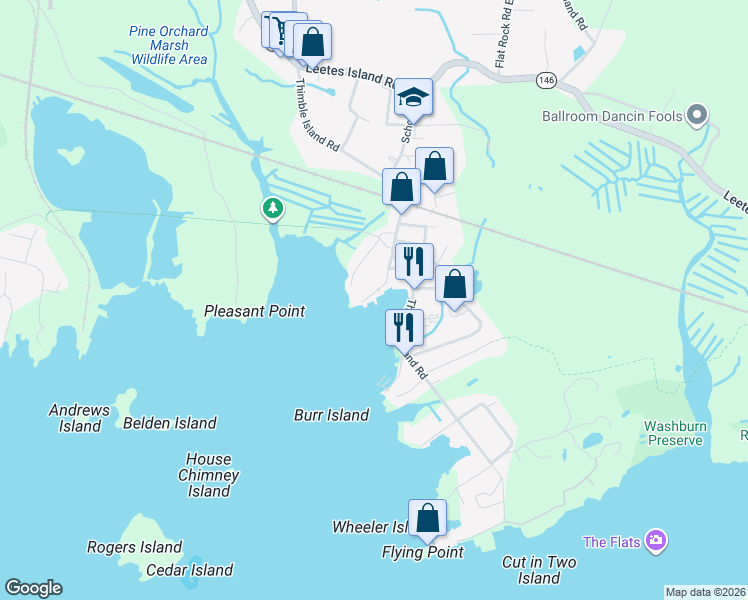 map of restaurants, bars, coffee shops, grocery stores, and more near 16 Halls Point Road in Branford