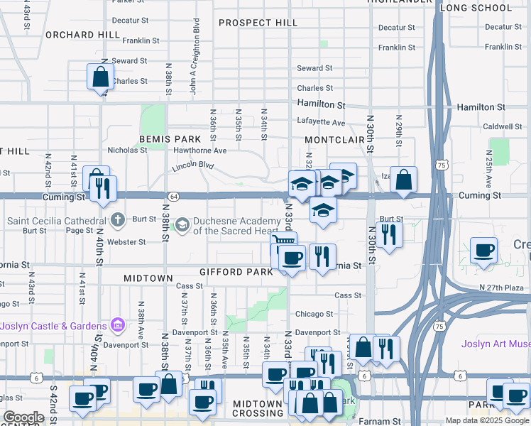 map of restaurants, bars, coffee shops, grocery stores, and more near 3330 Burt Street in Omaha