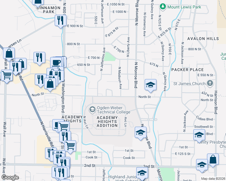 map of restaurants, bars, coffee shops, grocery stores, and more near 640 North Street in Ogden