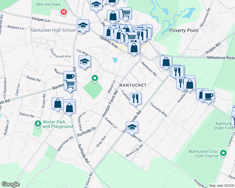 map of restaurants, bars, coffee shops, grocery stores, and more near 6 Hull Lane in Nantucket