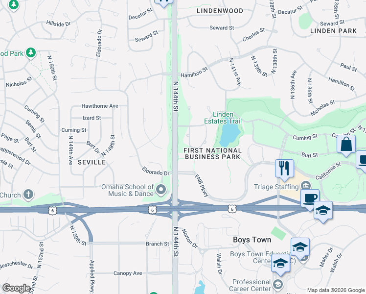 map of restaurants, bars, coffee shops, grocery stores, and more near 816 North 143rd Circle in Omaha