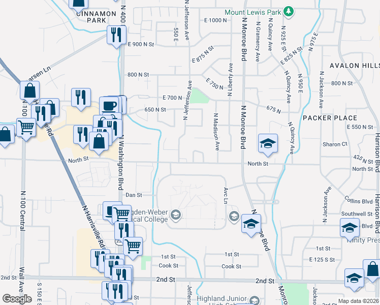 map of restaurants, bars, coffee shops, grocery stores, and more near 640 North Street in Ogden
