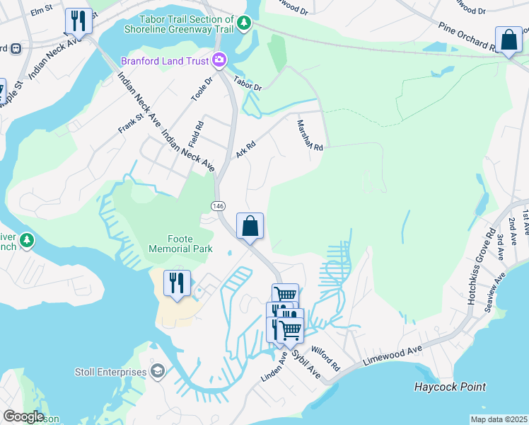 map of restaurants, bars, coffee shops, grocery stores, and more near 142 South Montowese Street in Branford