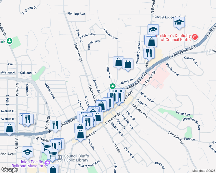 map of restaurants, bars, coffee shops, grocery stores, and more near 132 Baughn Street in Council Bluffs