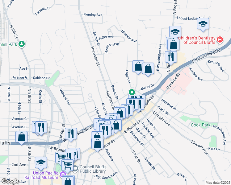 map of restaurants, bars, coffee shops, grocery stores, and more near 208 Benton Street in Council Bluffs