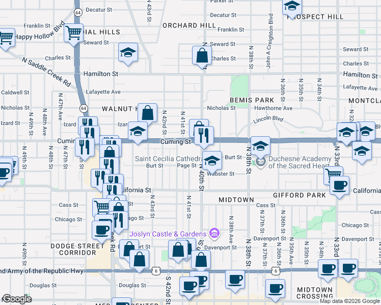map of restaurants, bars, coffee shops, grocery stores, and more near 4031 Burt Street in Omaha