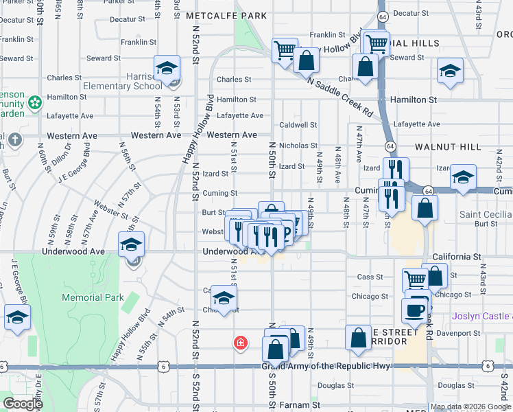 map of restaurants, bars, coffee shops, grocery stores, and more near in Omaha