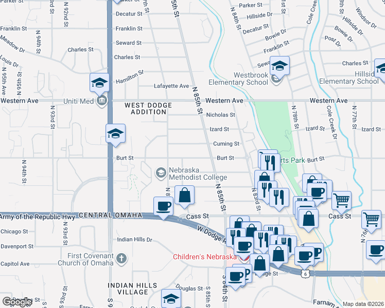 map of restaurants, bars, coffee shops, grocery stores, and more near 8509 Burt Street in Omaha