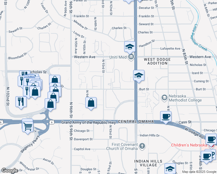 map of restaurants, bars, coffee shops, grocery stores, and more near 712 North 92nd Court in Omaha