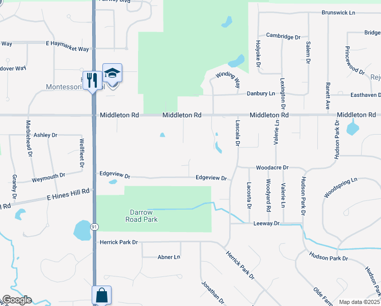 map of restaurants, bars, coffee shops, grocery stores, and more near 7385 McShu Lane in Hudson