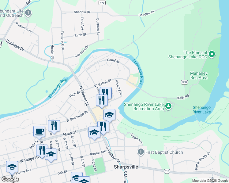 map of restaurants, bars, coffee shops, grocery stores, and more near 203 East Shenango Street in Sharpsville