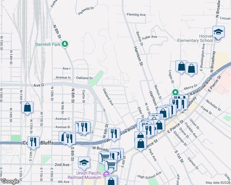 map of restaurants, bars, coffee shops, grocery stores, and more near 340 Lawton Terrace in Council Bluffs
