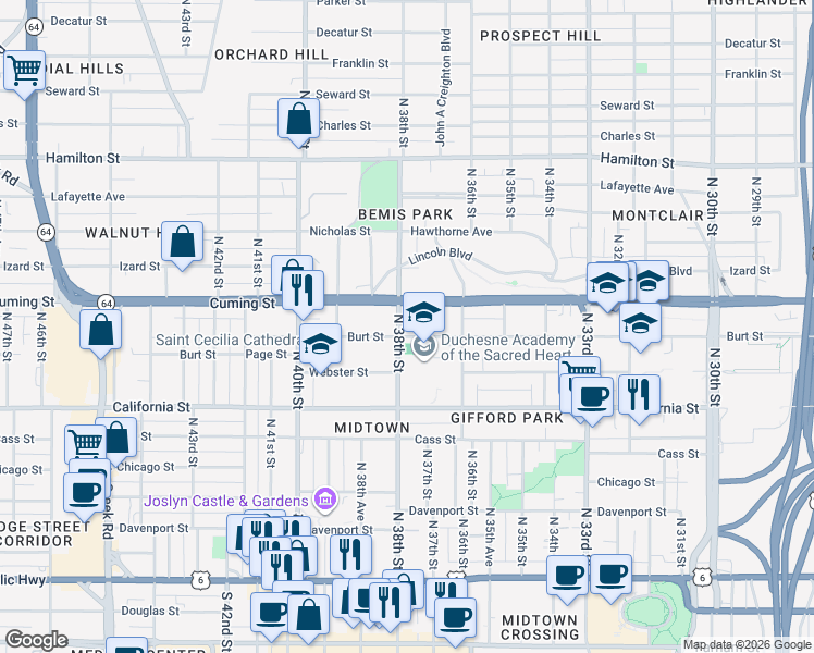 map of restaurants, bars, coffee shops, grocery stores, and more near 716 North 38th Street in Omaha