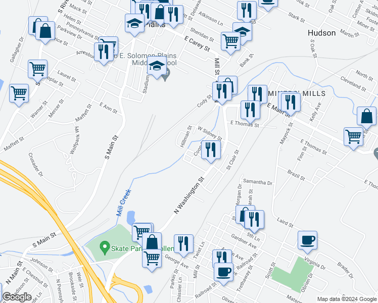 map of restaurants, bars, coffee shops, grocery stores, and more near 54 West Beatty Street in Wilkes-Barre