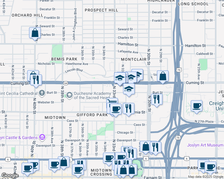map of restaurants, bars, coffee shops, grocery stores, and more near 3304 Burt Street in Omaha
