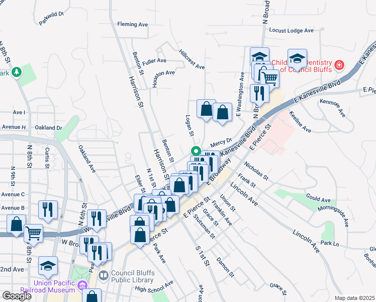 map of restaurants, bars, coffee shops, grocery stores, and more near 132 Baughn Street in Council Bluffs