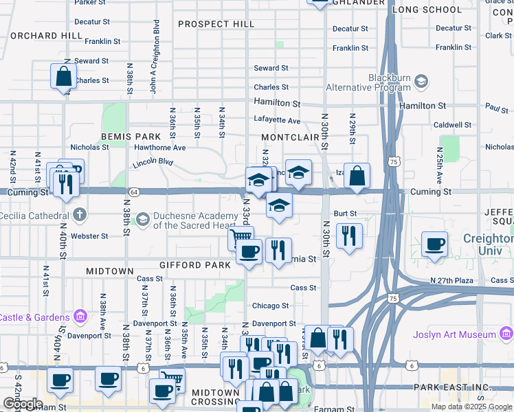 map of restaurants, bars, coffee shops, grocery stores, and more near 3230 Burt Street in Omaha