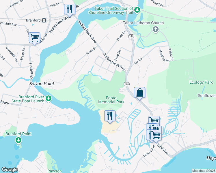 map of restaurants, bars, coffee shops, grocery stores, and more near 12 Melrose Avenue in Branford