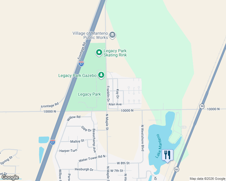 map of restaurants, bars, coffee shops, grocery stores, and more near 29 Vee Drive in Manteno