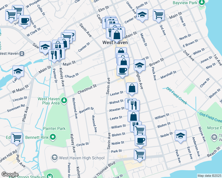 map of restaurants, bars, coffee shops, grocery stores, and more near 580 Savin Avenue in West Haven